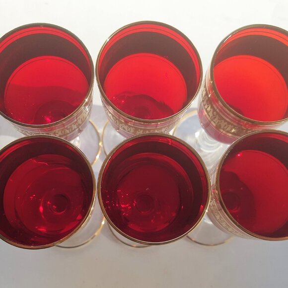 VTG Wine/Sherry Cordial Glasses Ruby Red Gilded with Clear Stem 1950s Set of 6 - Picture 8 of 12